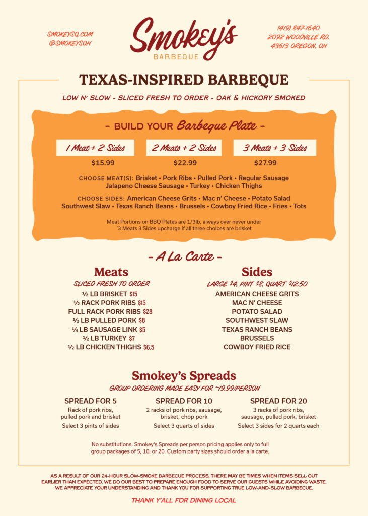 Smokeys bbq Menu